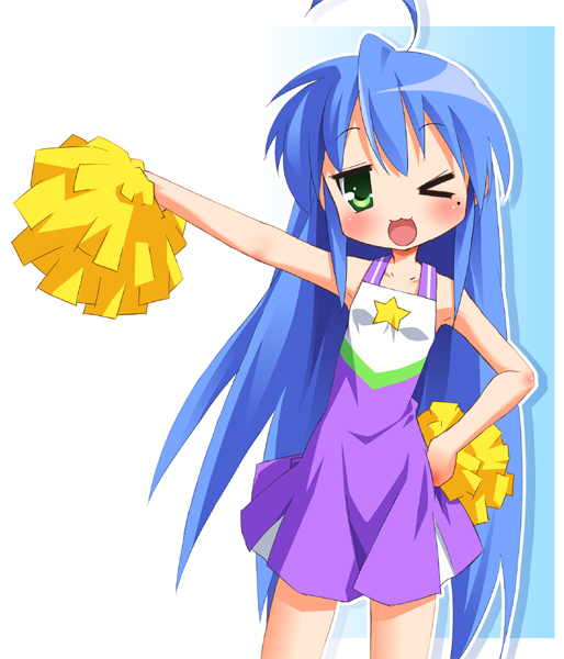 &gt;_o 1girl ahoge armpits bare_shoulders blue_hair cheerleader collarbone green_eyes hand_on_hip izumi_konata long_hair looking_at_viewer lucky_star one_eye_closed open_mouth pom_poms ramble smile solo standing standing_on_one_leg star very_long_hair wink