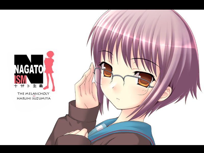 1girl adjusting_glasses bangs cardigan character_name copyright_name eyebrows eyebrows_visible_through_hair from_side glasses letterboxed long_sleeves nagato_yuki nomura_teruya orange_eyes over-rim_glasses purple_hair school_uniform semi-rimless_glasses serafuku short_hair silhouette simple_background solo suzumiya_haruhi_no_yuuutsu tagme upper_body white_background