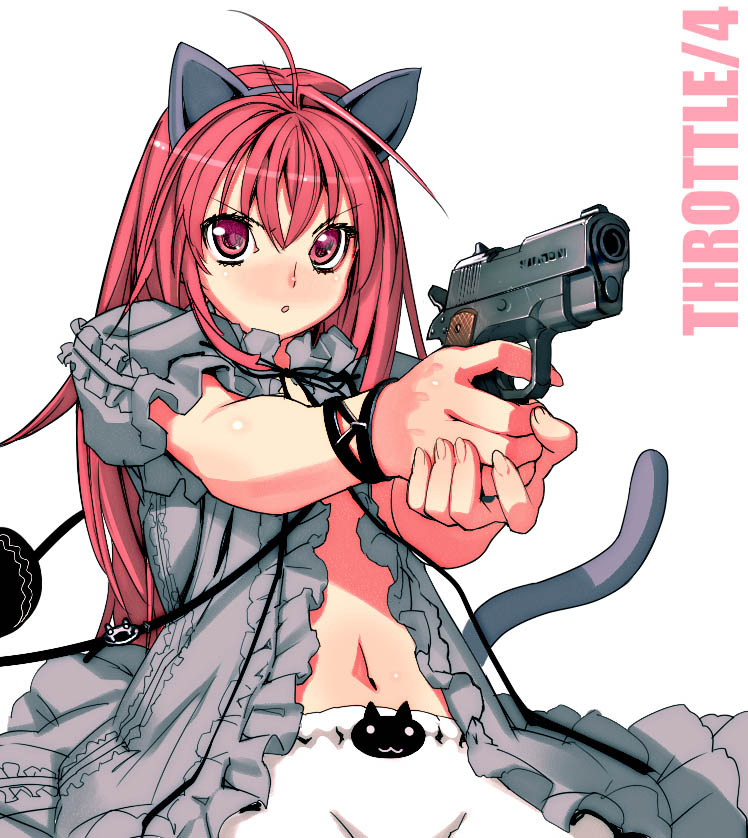 animal_ears cat_ears cat_tail gun handgun m1911 pink_eyes pink_hair pistol red_eyes redhead sanbasou tail weapon