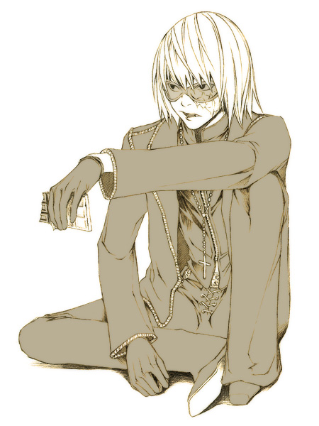 1boy candy chocolate chocolate_bar cross cross_necklace death_note eating glasses gloves male_focus mello monochrome scar short_hair simple_background sitting solo white_background