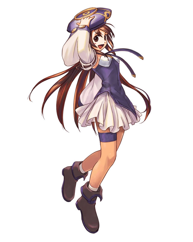 1girl :d arm_up atelier_(series) atelier_iris atelier_iris_eternal_mana bangs blush boots brown_eyes brown_hair detached_sleeves dress female flat_chest futaba_jun gust hand_on_headwear lita_blanchimont long_hair looking_at_viewer looking_back official_art open_mouth pleated_skirt profile short_dress simple_background skirt smile socks solo standing strap thigh_strap very_long_hair white_background