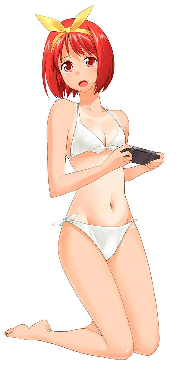 1girl :o a1 barefoot bikini bob_cut bow breasts cleavage embarrassed feet flat_chest front-tie_top groin hair_ribbon hairband handheld_game_console highres kamigishi_akari legs mound_of_venus navel one-piece_tan open_mouth pink_eyes playing_games playstation_portable redhead ribbon short_hair side-tie_bikini simple_background small_breasts soles solo surprised swimsuit tan tanline to_heart white_bikini white_swimsuit yellow_bow