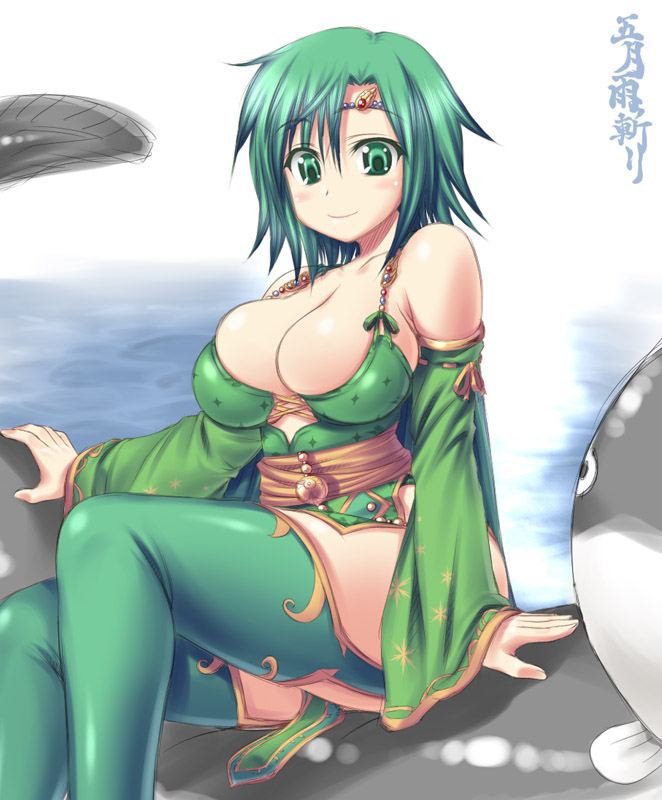 1girl boots breasts bursting_breasts cleavage d_kurouri detached_sleeves final_fantasy final_fantasy_iv green_eyes green_hair huge_breasts jewelry legs rydia smile solo thigh-highs thigh_boots thighs water