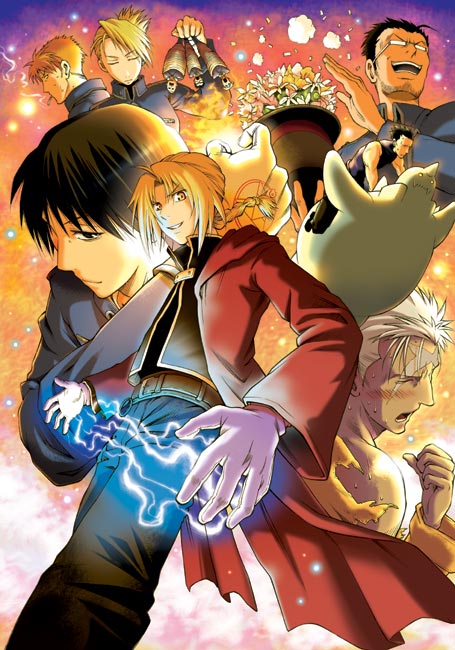 00s 1girl 6+boys alchemy alphonse_elric black_hair blonde_hair braid edward_elric everyone flower fullmetal_alchemist glasses gloves greed heymans_breda jean_havoc kain_fuery maes_hughes multiple_boys omega_2-d riza_hawkeye roy_mustang scar_(fma) single_braid vato_falman yellow_eyes