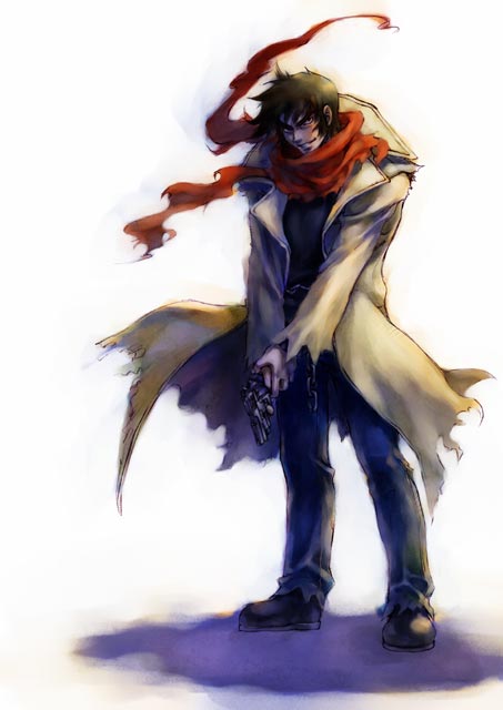 1boy chains getter_robo gun male_focus nagare_ryoma red_scarf scarf sideburns solo torn_clothes touei trench_coat weapon