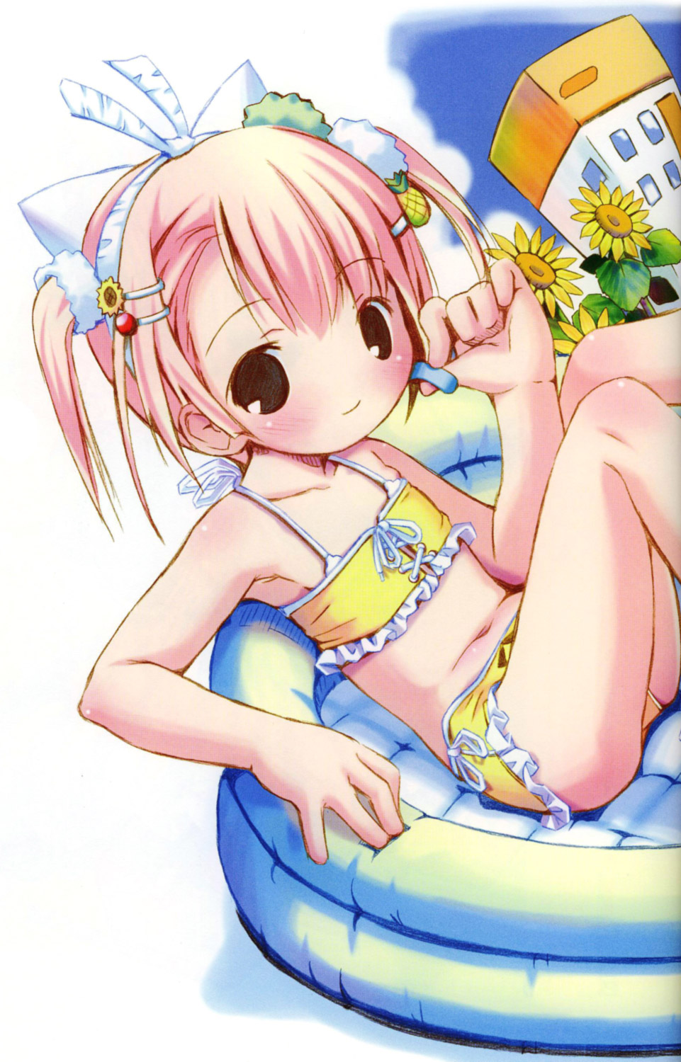 1girl animal_ears bikini black_eyes blonde_hair blush cross-laced_clothes flat_chest flower food_themed_clothes food_themed_hair_ornament frilled_bikini frills hair_flower hair_ornament hair_ribbon hairclip highres pink_hair pop ribbon short_twintails smile solo sunflower swimsuit twintails wading_pool yellow_bikini