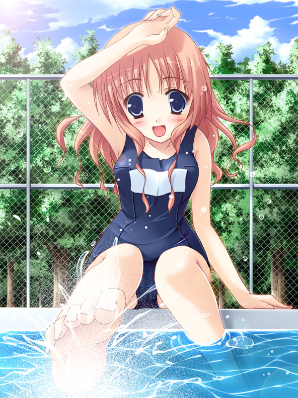 1girl :d bare_shoulders barefoot blue_eyes blush brown_hair chain-link_fence feet feet_in_water fence forest ishii_akira lens_flare long_hair nature one-piece_swimsuit open_mouth original outdoors pink_hair pool poolside pov_feet school_swimsuit smile soaking_feet soles solo splashing sun swimsuit toes tree water
