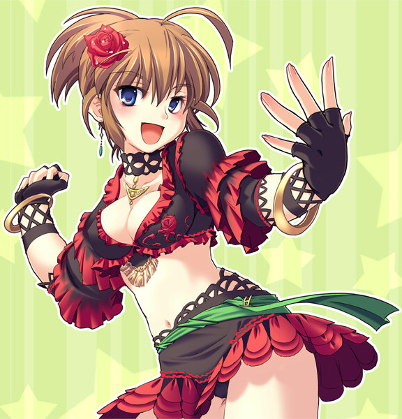 1girl ahoge breasts brown_hair dancer female final_fantasy final_fantasy_xi fingerless_gloves flower frills gathers gloves gypsy hair_flower hair_ornament hume lace rose solo