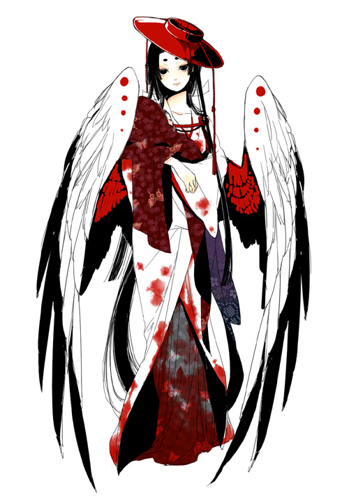 black_eyes black_hair blood hat japanese_clothes original todoroki_sora wings youkai