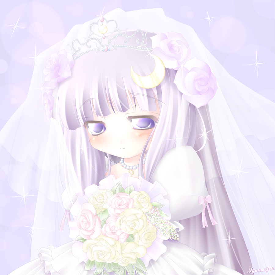 bridal_veil bride dress hat iganseijin patchouli_knowledge purple_eyes purple_hair solo tiara touhou veil violet_eyes wedding_dress