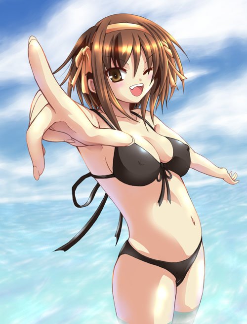 brown_eyes brown_hair eguchi_hachihito erect_nipples fang hairband pointing short_hair suzumiya_haruhi suzumiya_haruhi_no_yuuutsu swimsuit wading water wink