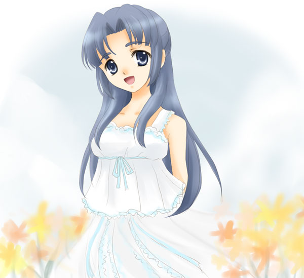 blue_eyes blue_hair casual dress flower long_hair sinko suzumiya_haruhi_no_yuuutsu
