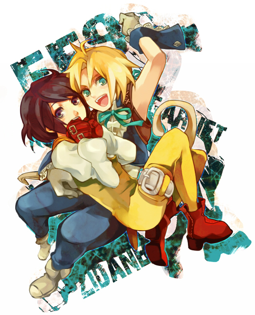 1girl ahoge arm_up armpits blonde_hair bodysuit boots brown_eyes brown_hair character_name covering_mouth final_fantasy final_fantasy_ix garnet_til_alexandros_xvii gloves green_eyes hand_on_back neck_ribbon open_mouth puffy_sleeves ribbon rouki_isago short_hair sleeveless tail text thigh_strap title_drop vest wrist_cuffs zidane_tribal