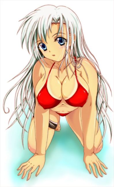 bikini blue_eyes breasts cleavage erect_nipples long_hair minakami_junta original swimsuit white_hair