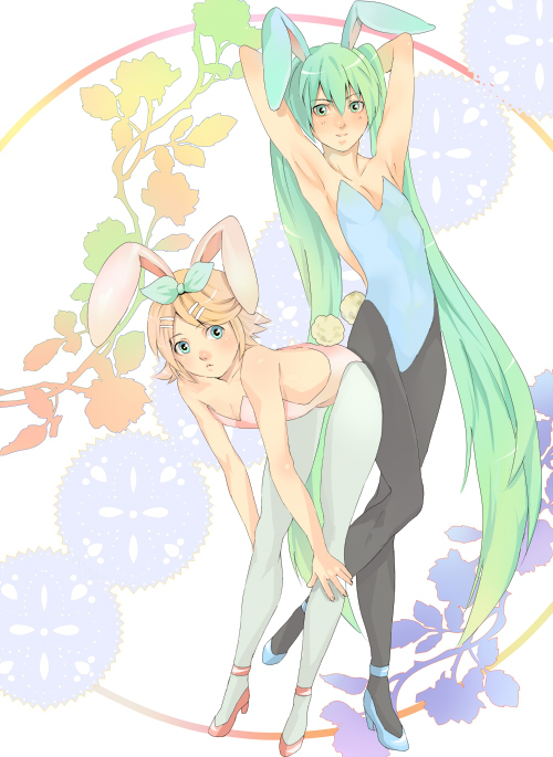 animal_ears aqua_eyes armpits arms_behind_head bad_id bent_over blonde_hair blue_eyes blush bunny_ears bunnysuit chitose_gitsune flat_chest flower gradient gradient_hair green_eyes green_hair hair_ornament hair_ribbon hairclip hatsune_miku high_heels kagamine_rin long_hair multicolored_hair multiple_girls pantyhose pose rabbit_ears ribbon shoes short_hair smile twintails very_long_hair vocaloid