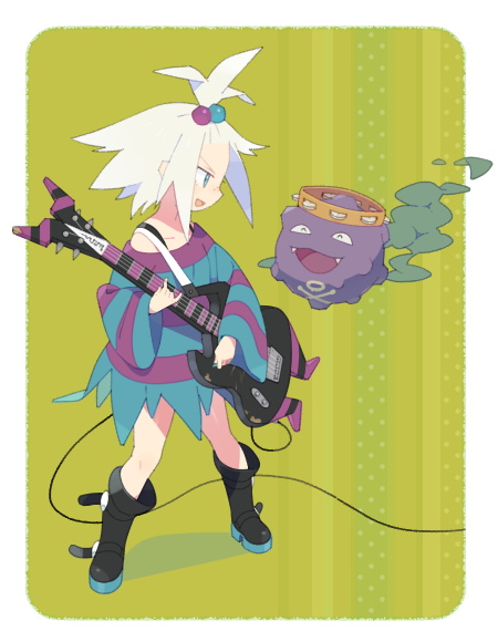 1girl :d blue_eyes boots feille front_ponytail guitar hair_bobbles hair_ornament homika_(pokemon) instrument koffing open_mouth playing_instrument pokemon pokemon_(creature) pokemon_(game) pokemon_bw smile tambourine white_hair