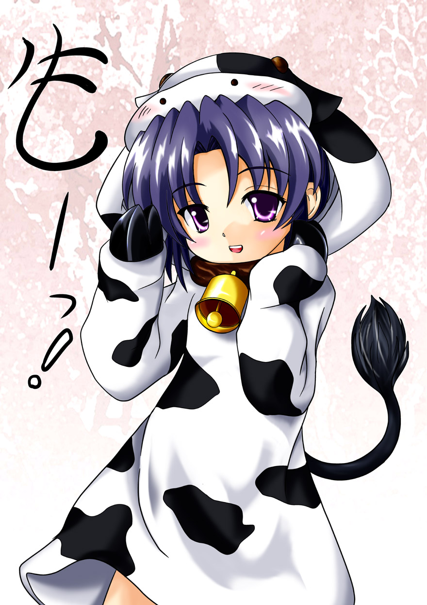 bell blue_hair clannad cosplay cow_bell cow_costume cow_print highres ichinose_kotomi purple_eyes tourouan violet_eyes