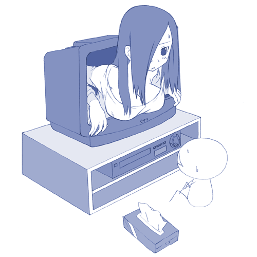 1girl 2ch blue breast_rest breasts cleavage large_breasts lowres monochrome parody solo television the_ring through_screen tissue yamamura_sadako