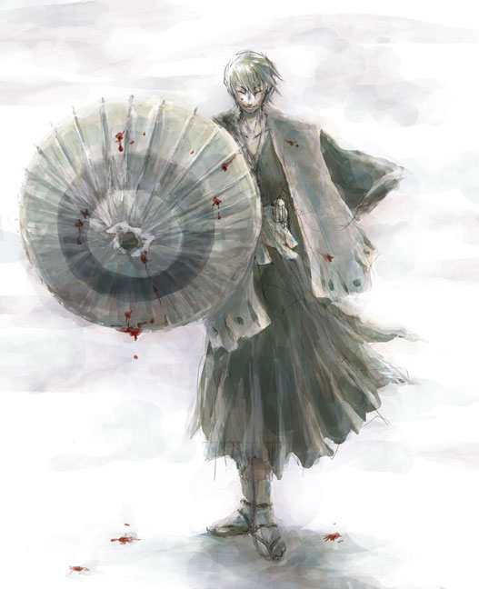 1boy bleach blood closed_eyes haori ichimaru_gin japanese_clothes male_focus oriental_umbrella silver_hair solo umbrella