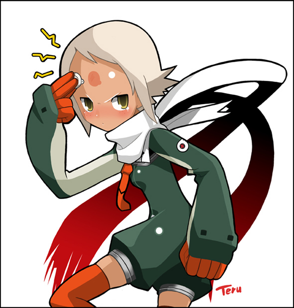 1girl angry ascot blush facial_mark forehead_mark gloves imaizumi_teruhiko lal'c_mellk_mal red_gloves red_legwear romper sailor_collar scarf short_hair sidelocks signature simple_background solo tears thigh-highs top_wo_nerae_2! white_hair white_scarf yellow_eyes zettai_ryouiki