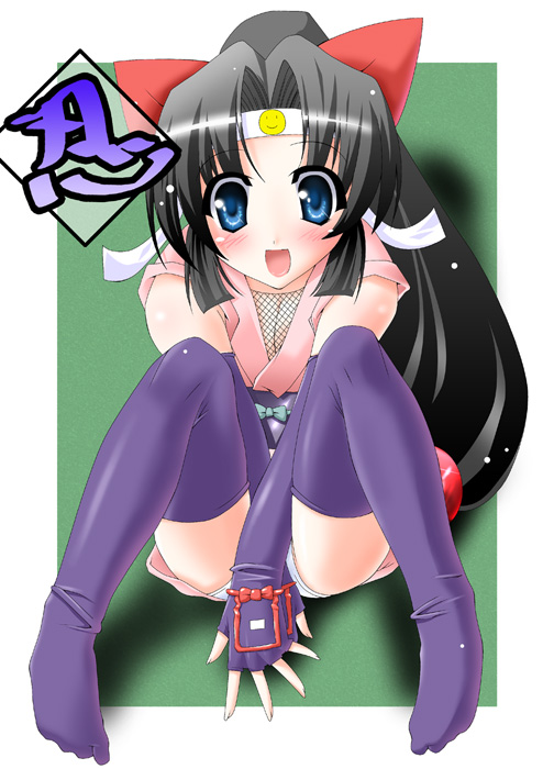 00s bangs blunt_bangs choker elbow_gloves fingerless_gloves fishnets gloves headband japanese_clothes kimono ninin_ga_shinobuden ninja obi panties purple_legwear sash shinobu short_kimono smiley_face thigh-highs underwear utamaro