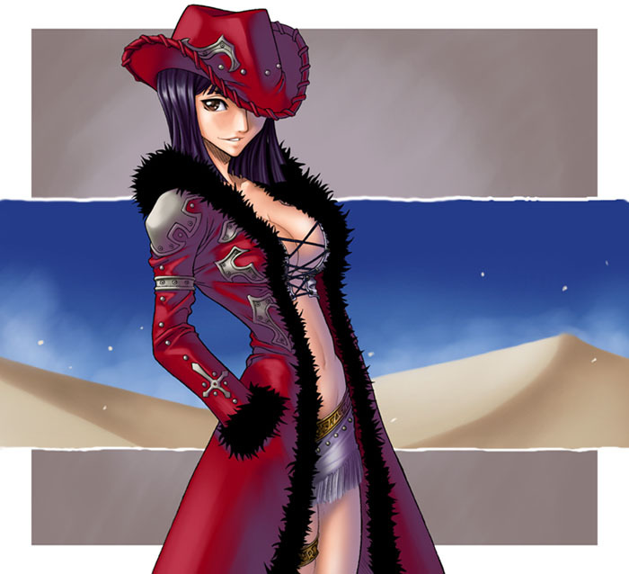 1girl alabasta breasts cleavage coat cowboy_hat female fringe fur_trim hands_in_pockets hat hat_over_one_eye jacket kagami_hirotaka lace_up_front long_coat long_hair looking_at_viewer midriff navel nico_robin one_piece open_clothes open_jacket parted_lips red_jacket sand skirt solo thigh_strap