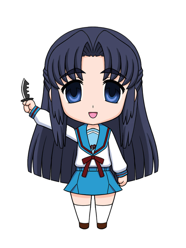 asakura_ryouko blue_eyes blue_hair chibi knife long_hair mem school_uniform serafuku suzumiya_haruhi_no_yuuutsu