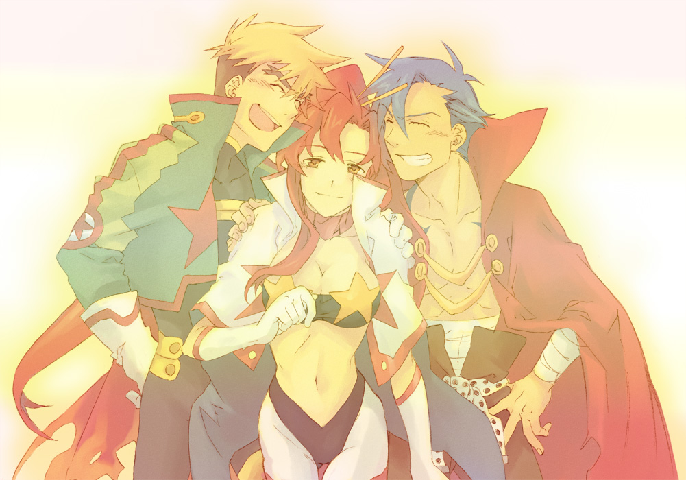 1girl 2boys bandeau kamina kittan mikazuki moyashi_(narukami) multiple_boys space_yoko strapless tengen_toppa_gurren_lagann tubetop yoko_littner