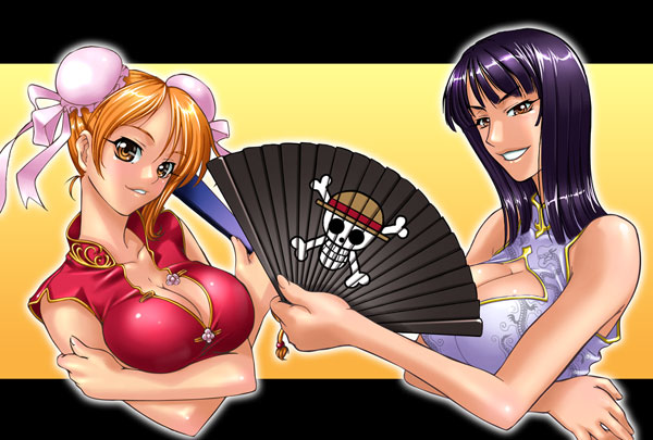 2girls bangs breasts bun_cover china_dress chinese_clothes cleavage double_bun dress fan folding_fan holding_fan kagami_hirotaka large_breasts multiple_girls nami_(one_piece) nico_robin one_piece orange_hair shiny_hair sleeveless smile