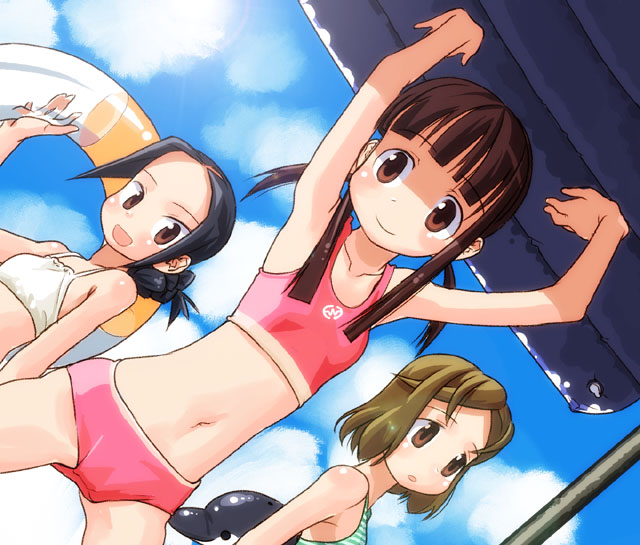 3girls arms_up beach bikini black_hair brown_eyes brown_hair home_room innertube kajii_motoko long_hair midriff multiple_girls nagatsuki_misoka raft short_hair sky swimsuit