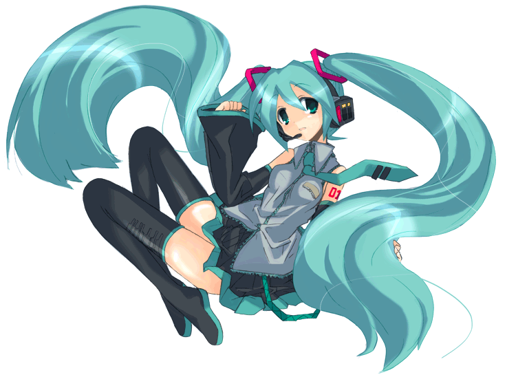 aqua_eyes aqua_hair detached_sleeves hatsune_miku hizuki_yayoi long_hair skirt thigh-highs twintails very_long_hair vocaloid zettai_ryouiki