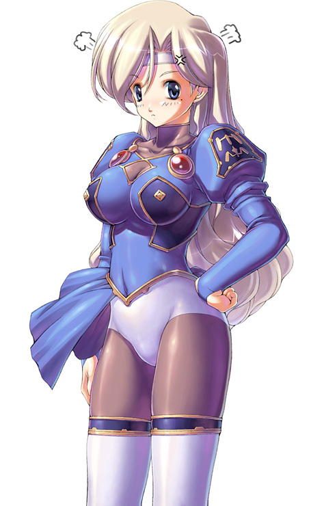 1girl anger_vein armor bodysuit breasts langrisser langrisser_iii liffany liffany_(langrisser) long_hair pantyhose solo uchiu_kazuma