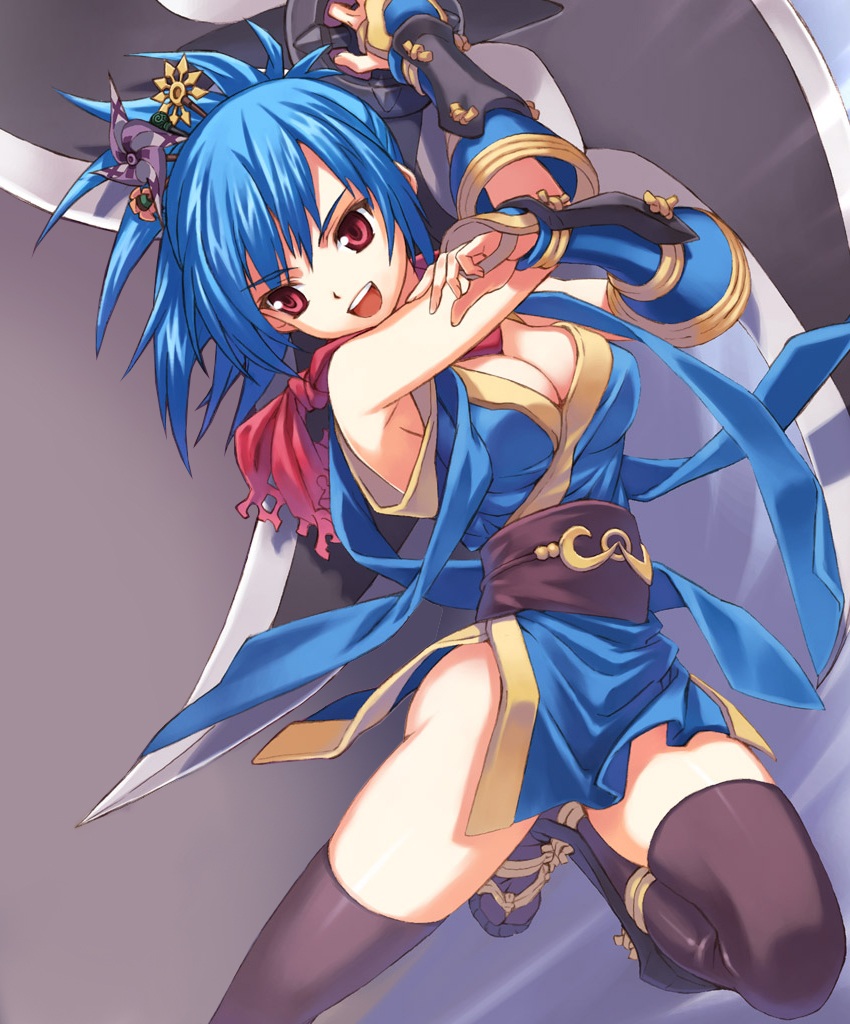 1girl blue_hair breasts cleavage matsuryuu ninja ninja_(ragnarok_online) ragnarok_online red_eyes solo sword thigh-highs weapon