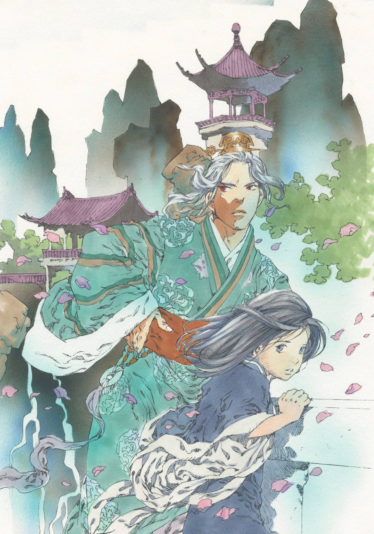 2boys chinese_clothes hanfu highres juuni_kokuki king_tai male_focus multiple_boys nature official_art outdoors petals plant scan taiki yamada_akihiro