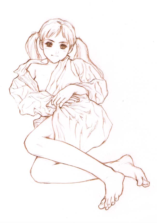 1girl bare_legs barefoot feet mankochan minazuki_juuzou monochrome off_shoulder original pink sketch solo toes twintails