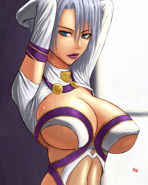 1girl arms_up artist_name blue_eyes breasts cleavage erect_nipples female huge_breasts isabella_valentine lipstick looking_at_viewer makeup parted_lips purple_lips short_hair silver_hair solo soul_calibur soulcalibur_iii tenji upper_body
