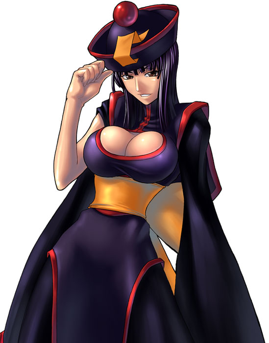 1girl breasts capcom chinese_clothes cleavage cleavage_cutout cosplay crossover hat jiangshi kagami_hirotaka large_breasts lei_lei lei_lei_(cosplay) nico_robin one_piece pink_eyes purple_hair short_hair smile solo turtleneck vampire_(game) zombie_(game)