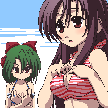 2girls awa bikini blush bow breast_envy breast_hold breast_suppress breasts cleavage covering covering_breasts crossed_arms flat_chest green_hair hair_bow katsura_kotonoha kiyoura_setsuna long_hair lowres multiple_girls oekaki open_mouth purple_hair red_bow red_eyes school_days short_hair small_breasts striped striped_bikini striped_swimsuit swimsuit
