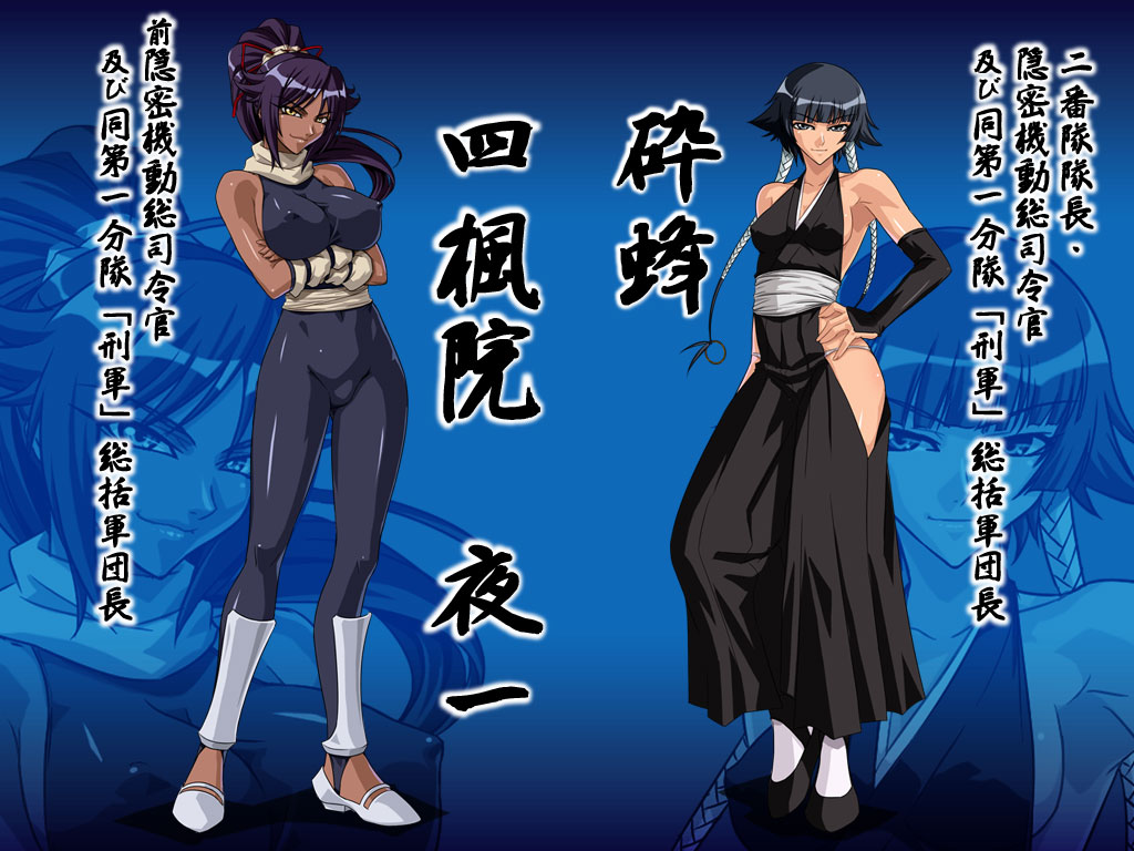 2girls bangs bare_shoulders bleach blue_hair bodysuit breasts character_name closed_mouth contrapposto crossed_arms dark_skin erect_nipples full_body hakama hand_on_hip high_ponytail kagami_hirotaka large_breasts latex long_hair medium_breasts multiple_girls ponytail purple_hair sash shihouin_yoruichi short_hair_with_long_locks sideboob skin_tight sleeveless sleeveless_bodysuit standing sui-feng translation_request twintails yellow_eyes zoom_layer