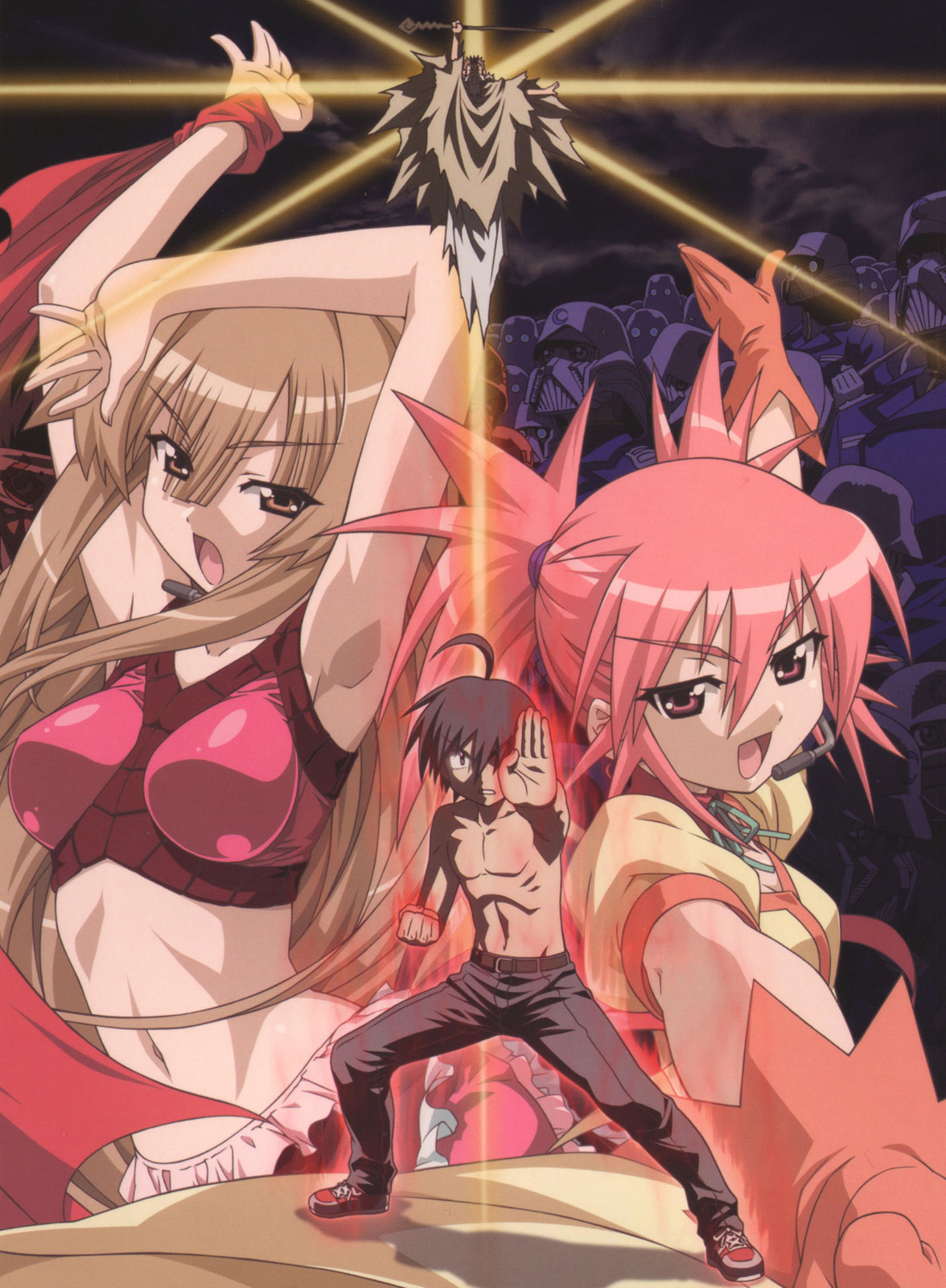 2boys 2girls :d armpits arms_up bare_shoulders bikini_top breasts edomae_lunar highres large_breasts light_rays michishio_nagasumi midriff multiple_boys multiple_girls navel open_mouth red_eyes redhead seto_no_hanayome seto_san skin_tight smile stomach taut_clothes