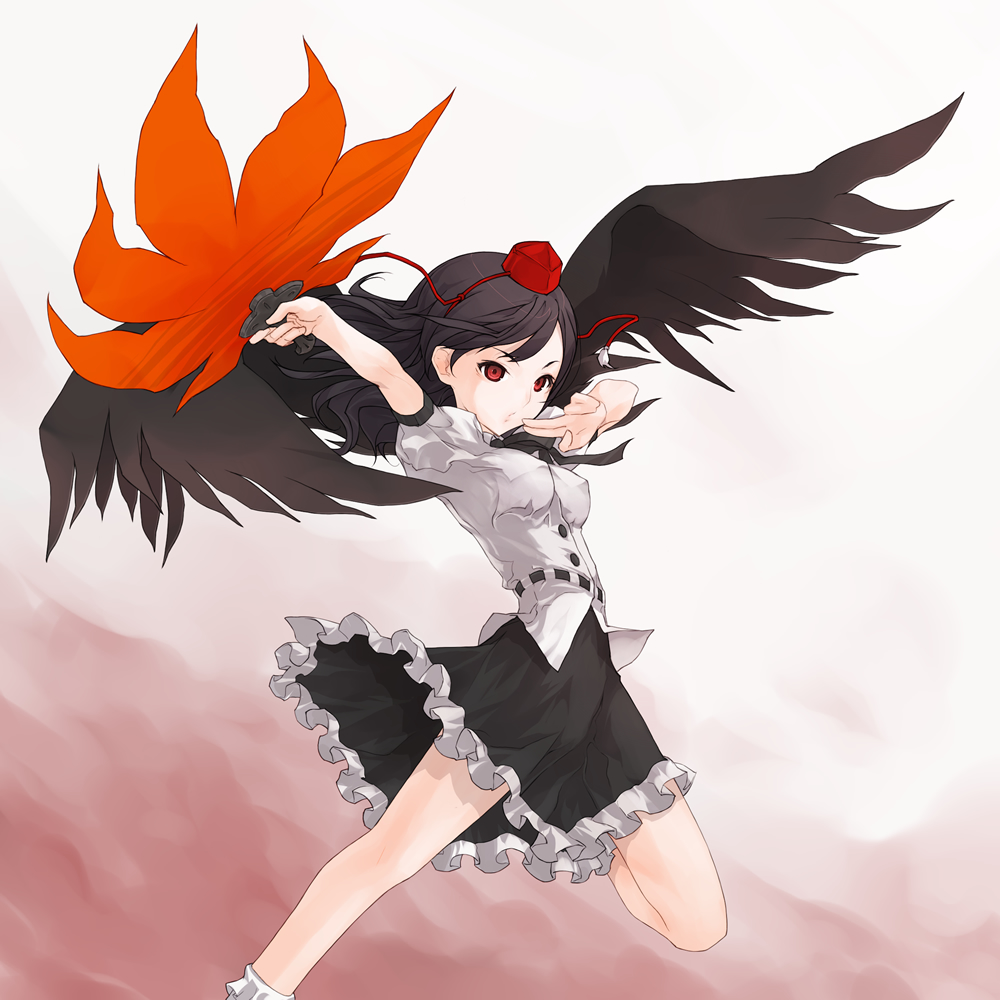 1girl :o black_hair black_wings bobby_socks breasts expressionless female fingers frills hat kazuoki looking_at_viewer outstretched_arm pose red_eyes ribbon shameimaru_aya skirt small_breasts socks solo standing standing_on_one_leg tengu tokin_hat touhou wings