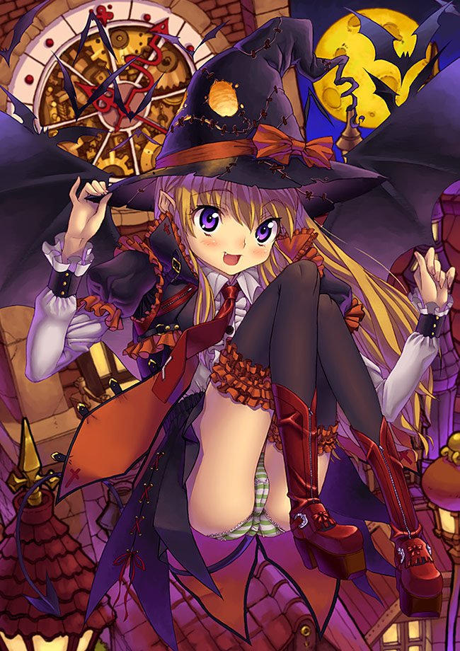 1girl bad_anatomy fang halloween hat kink original panties solo striped striped_panties thigh-highs underwear witch_hat