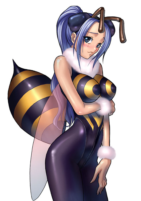 1girl :3 alternate_costume antennae bare_shoulders bee_girl blue_eyes blue_hair blush breast_hold breasts capcom cosplay crossover insect_girl kagami_hirotaka long_hair looking_at_viewer monster_girl nefertari_vivi one_piece pantyhose q-bee q-bee_(cosplay) shiny simple_background solo standing vampire_(game) white_background wings