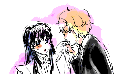 1boy 1girl :o black_hair blonde_hair blue_eyes blush closed_eyes dress formal graham_aker gundam gundam_00 hand_kiss kiss long_sleeves lowres marina_ismail open_mouth sidelocks simple_background suit surprised sweatdrop upper_body white_background white_dress