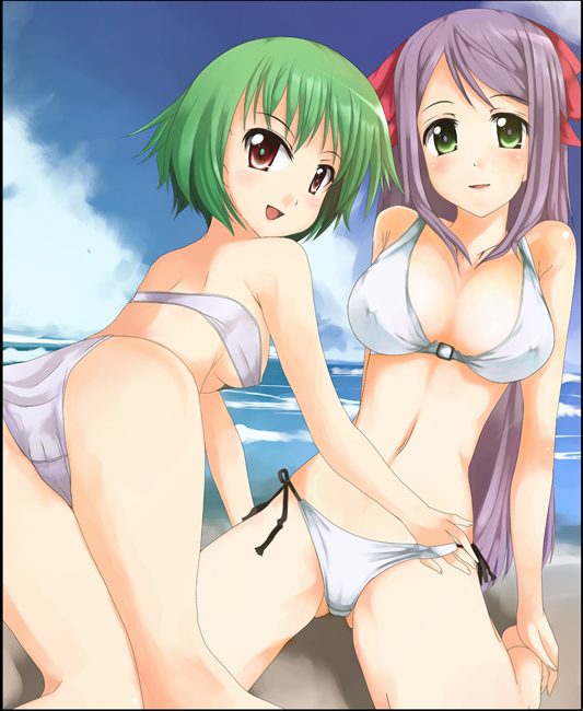 2girls :d all_fours ass back bandeau bangs bare_shoulders beach bikini blush breasts cleavage clouds erect_nipples fingernails fourthcape green_eyes green_hair grey_hair hair_ribbon hand_in_swimsuit long_fingernails long_hair medium_breasts misaki_takahiro mitsusaki_takahiro multiple_girls on_ground open_mouth original outdoors parted_bangs purple_hair red_eyes ribbon short_hair side-tie_bikini sideboob sitting sky small_breasts smile spread_legs swimsuit under_boob very_long_hair wariza water white_bikini white_swimsuit yuri