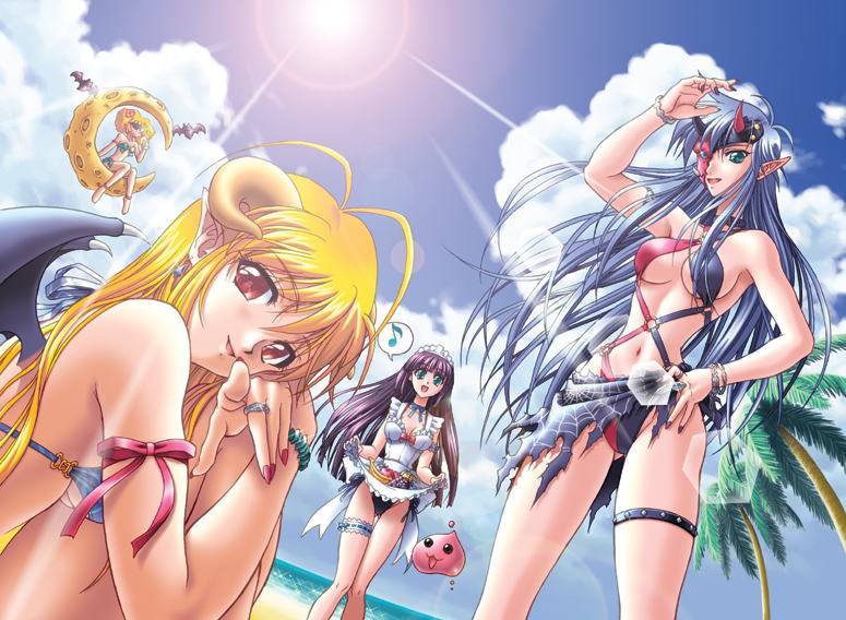 4girls alice_(ragnarok_online) antenna_hair apple apron arm_up banana bare_shoulders barefoot beach bikini blonde_hair blue_hair blue_sky bracelet breasts clouds day demon_girl demon_wings dutch_angle earrings feet food fruit grapes green_eyes happy horizon horns jewelry jpeg_artifacts legs lens_flare light_rays loli_ruri long_hair looking_at_viewer maid maid_apron maid_headdress multiple_girls musical_note nail_polish navel open_mouth outdoors pointing pointy_ears poring purple_hair ragnarok_online red_eyes ribbon ring sand skirt skirt_lift sky sling_bikini smile standing succubus succubus_(ragnarok_online) summer sun sunlight swimsuit thigh_strap tree under_boob very_long_hair water wings zealotus zherlthsh