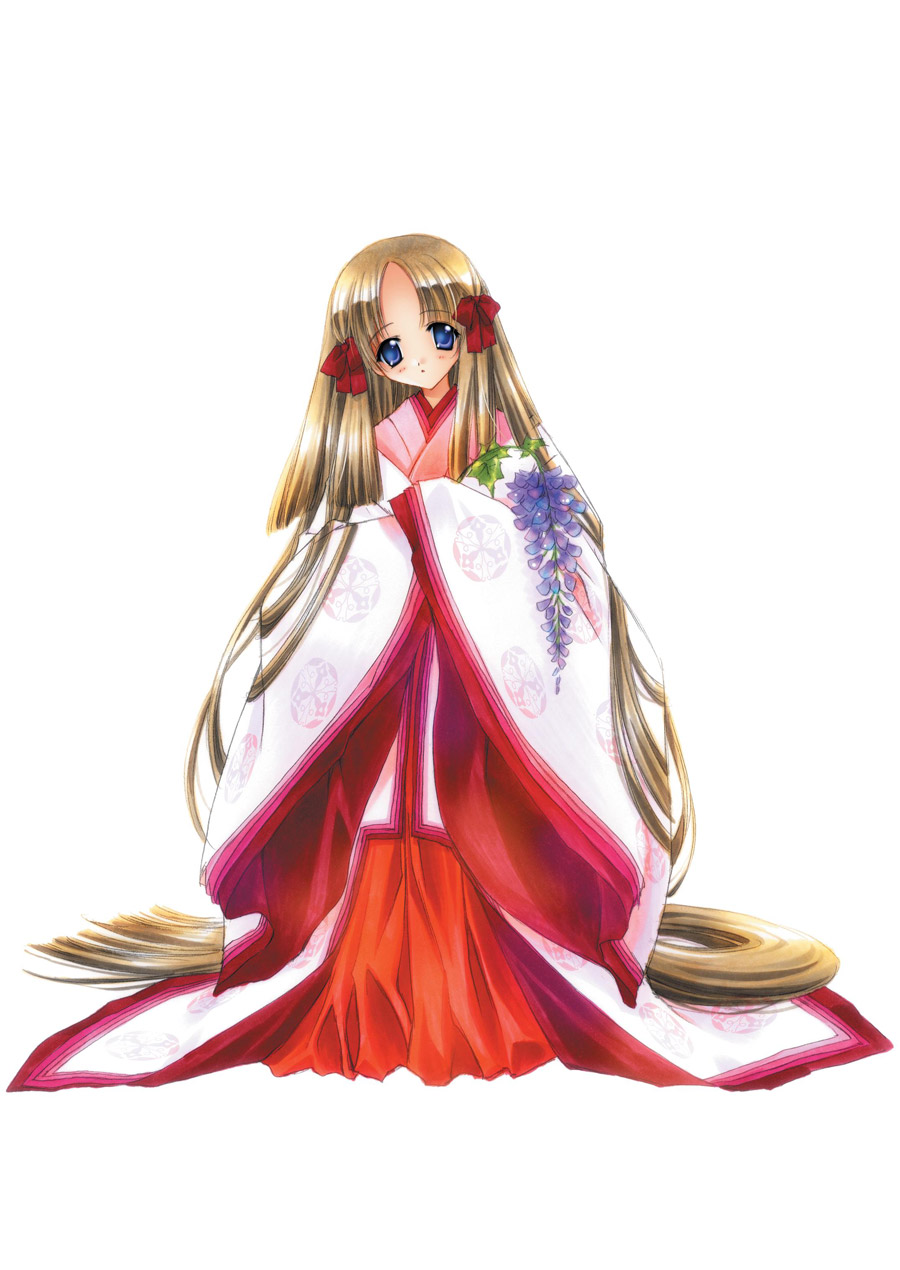 00s 1girl absurdly_long_hair artbook azuma_hatsumi blue_eyes bow brown_hair carnelian flower fujihime full_body hair_bow highres japanese_clothes kimono layered_clothing long_hair looking_at_viewer low-tied_long_hair official_art simple_background solo standing tied_hair very_long_hair white_background wide_sleeves wisteria yami_to_boushi_to_hon_no_tabibito