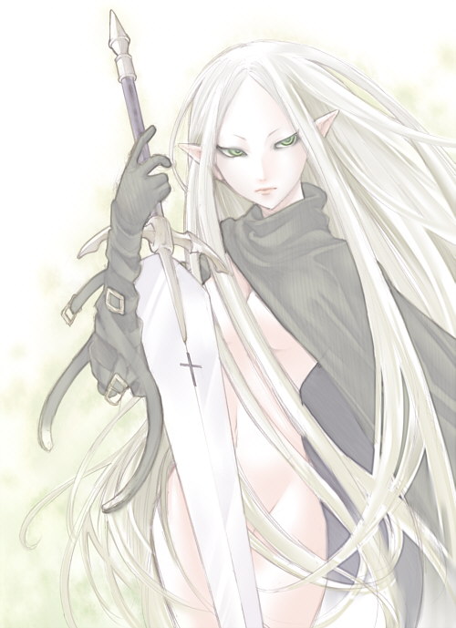 1girl breasts claymore claymore_(sword) cloak convenient_censoring frown green_eyes grey_eyes irene kitano_tomotoshi long_hair naked_cape nude pointy_ears silver_hair solo strap sword very_long_hair weapon