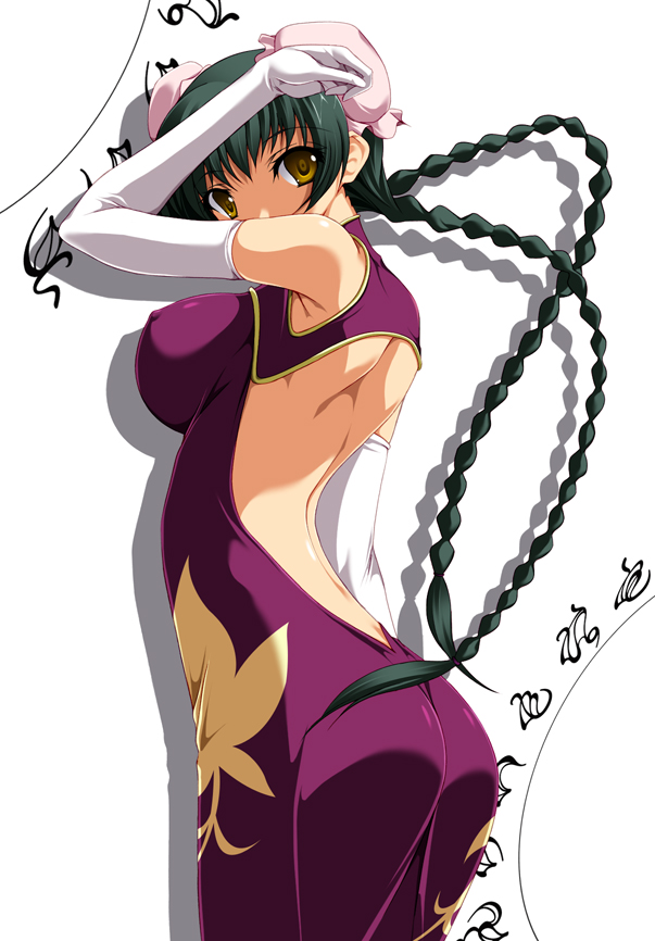 1girl arched_back ass bare_shoulders black_hair braid breasts brown_eyes bun_cover china_dress chinese_clothes curvy double_bun dress elbow_gloves gloves gundam gundam_00 huge_breasts impossible_clothes large_breasts long_hair nakano_sora open-back_dress slender solo twin_braids wang_liu_mei