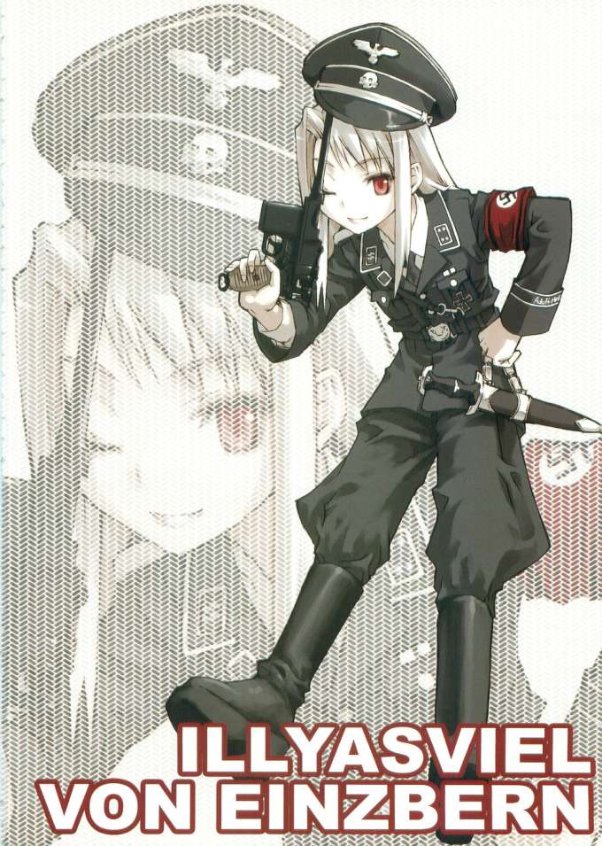 1girl duplicate fate/stay_night fate_(series) gun handgun holding holding_gun holding_weapon illyasviel_von_einzbern jpeg_artifacts mauser_c96 nazi pistol red_eyes solo swastika trigger_discipline weapon white_hair world_war_ii zoom_layer